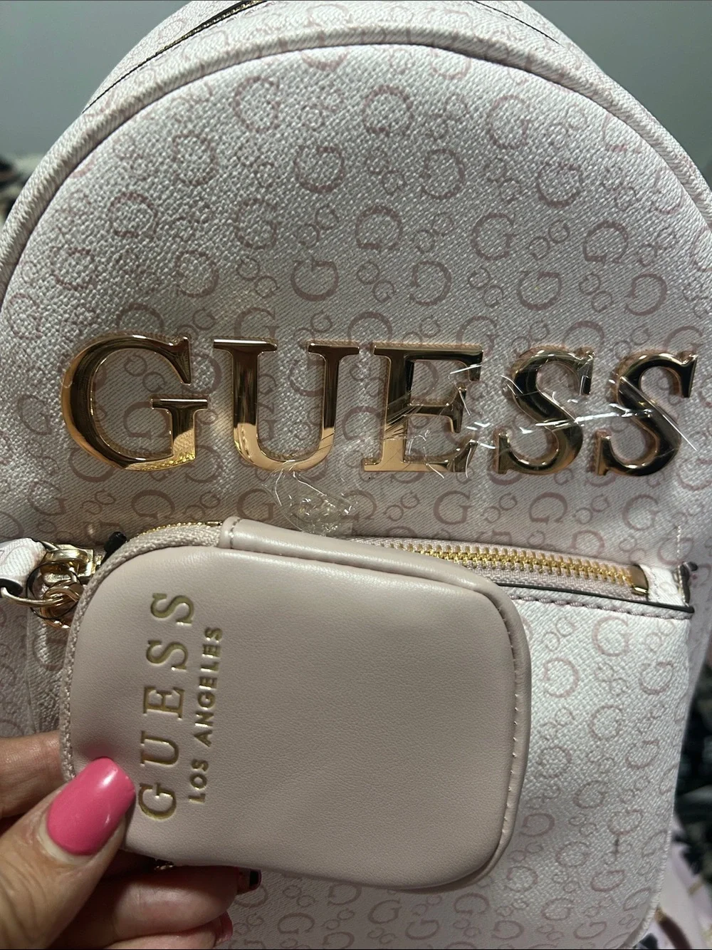GUESS Light Beige Mini Backpack with Gold Logo